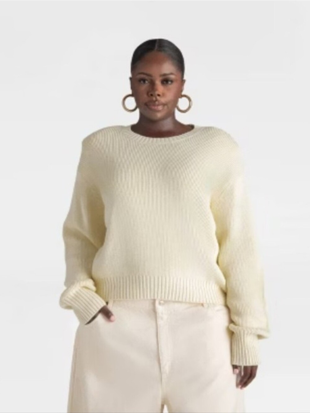 KBB by Kahlana Ivory Rib Knit Crewneck Sweater Women's Medium Cozy